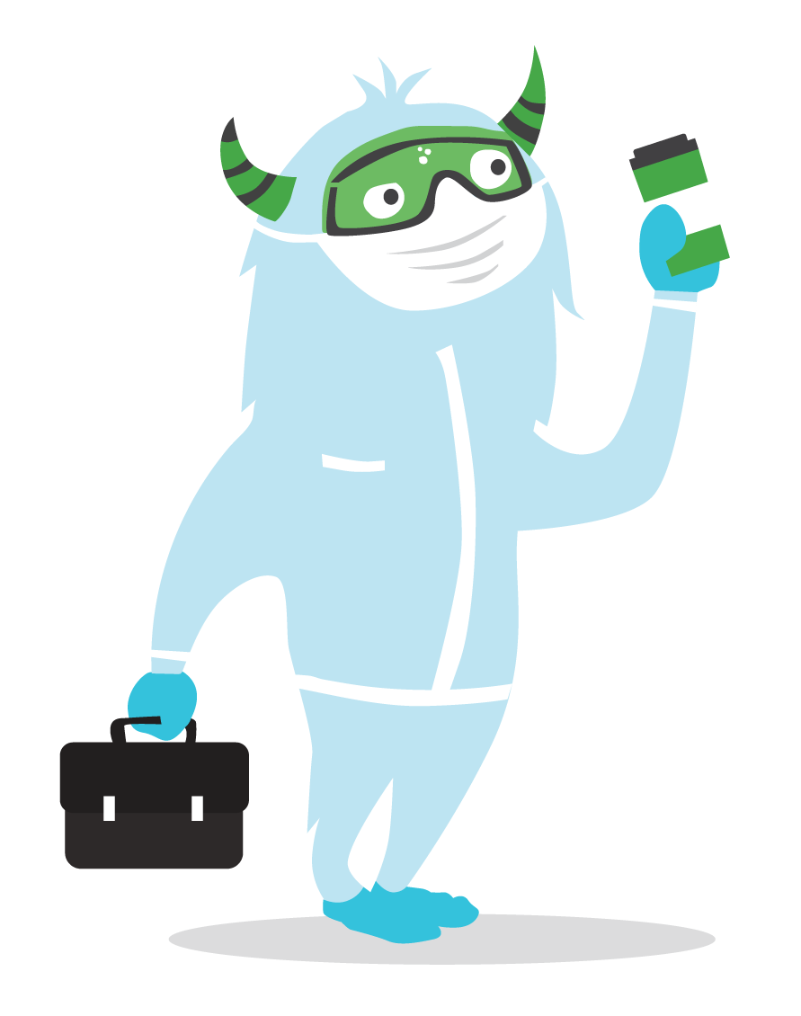 Monsti, the 10AR mascot in cleanroom gowning, holding a sample vial