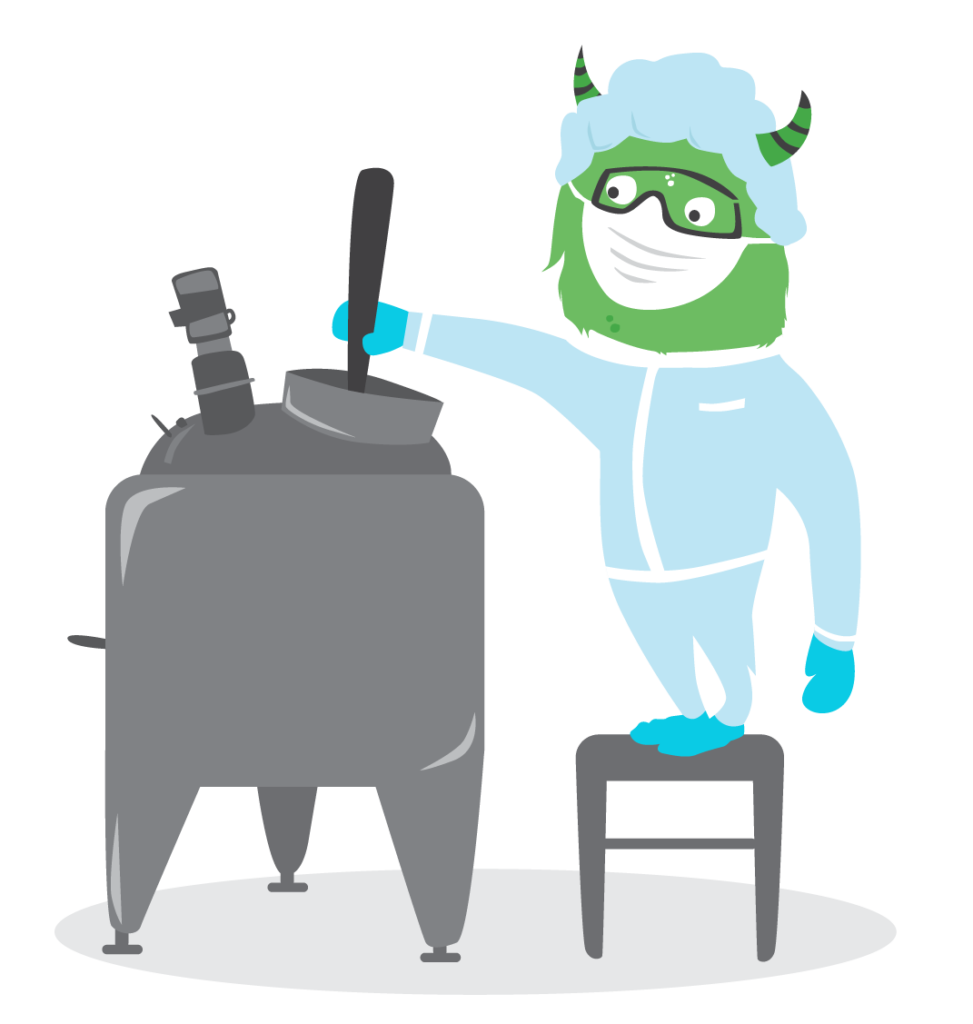 Monsti, the 10AR mascot, taking a sample from a process vessel