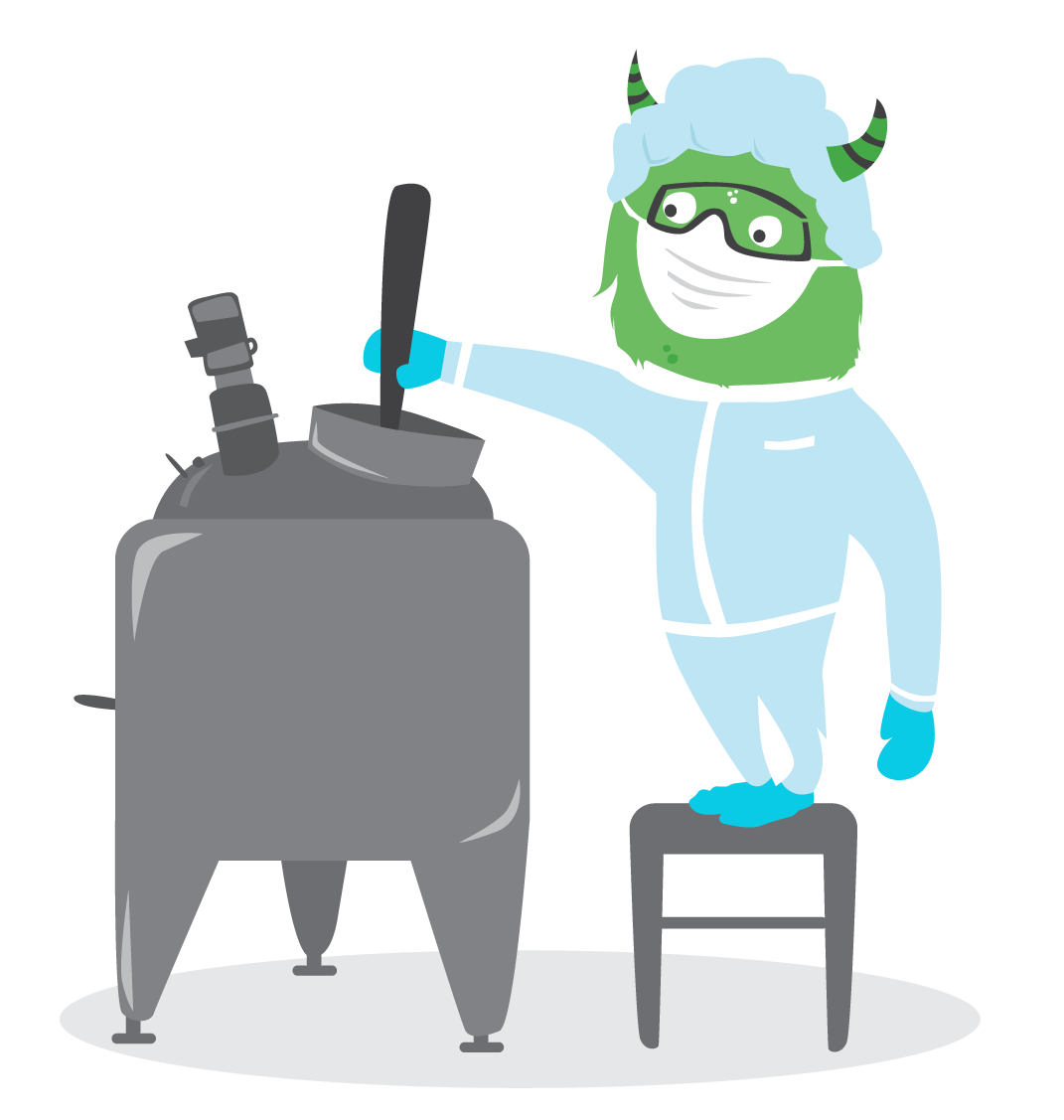 Monsti, the 10AR mascot, taking a sample from a process vessel