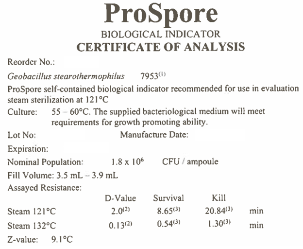 ProSpore biological indicator certificate of analysis for Geobacillus stearothermophilus