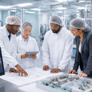 Engineers reviewing a pharmaceutical facility layout model in a cleanroom