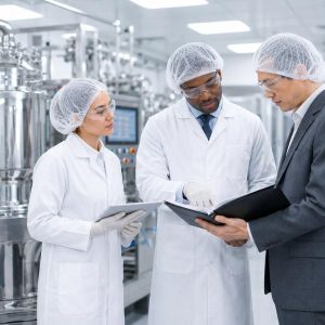 Consultant and client discussing equipment user requirement specifications beside a bioreactor