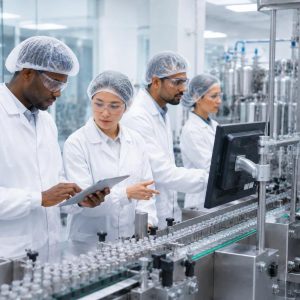 Production team monitoring a filling line during process scale-up