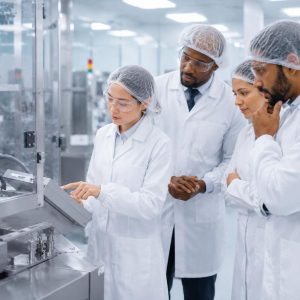 Engineers commissioning new production equipment in a cleanroom