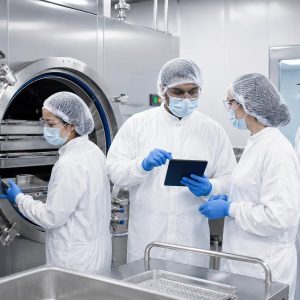 Team validating a sterilization cycle at an autoclave chamber