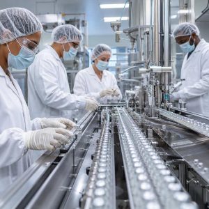 Operators working along an aseptic vial filling line
