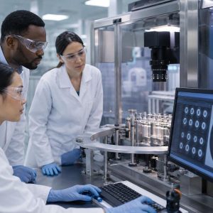 Engineers reviewing automatic visual inspection results for filled vials
